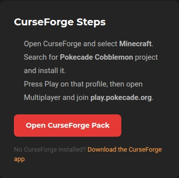 Pokecade CurseForge instructions naming the Cobblemon project and play.pokecade.org.