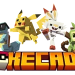 Pokecade logo with four block-style creatures above orange lettering.