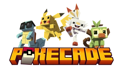 Pokecade logo with four block-style creatures above orange lettering.