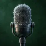 A frost-covered microphone against a dark green background.