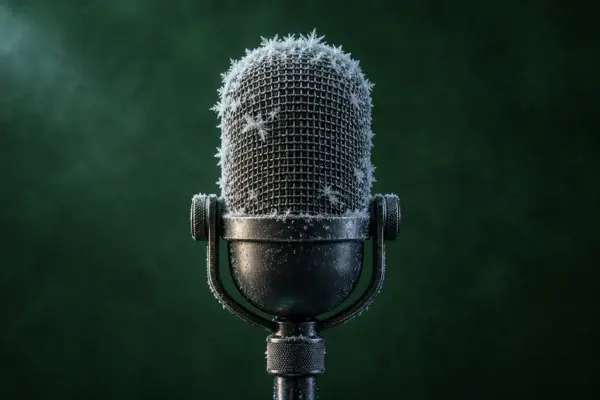 A frost-covered microphone against a dark green background.