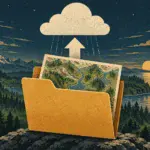 An illustrated folder holding a landscape map, with an upward arrow pointing to a cloud.