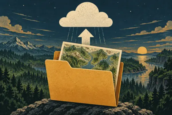 An illustrated folder holding a landscape map, with an upward arrow pointing to a cloud.