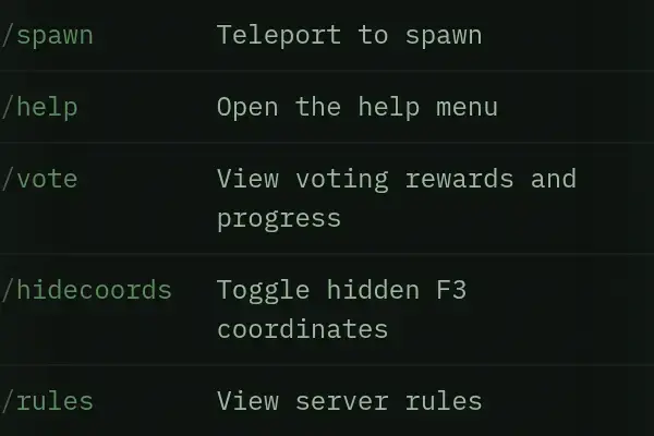 MINEDRIP command table including /help to open help and /rules to view server rules.