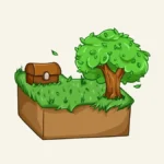 Skyblock emblem showing a grassy floating island with a tree and chest.