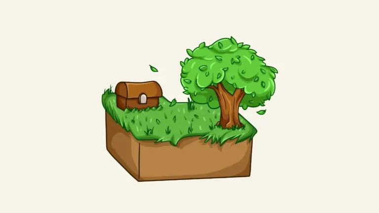 Skyblock emblem showing a grassy floating island with a tree and chest.
