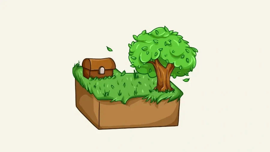 Skyblock emblem showing a grassy floating island with a tree and chest.