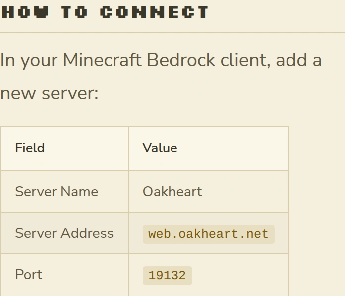 Oakheart Bedrock connection table showing web.oakheart.net and port 19132.