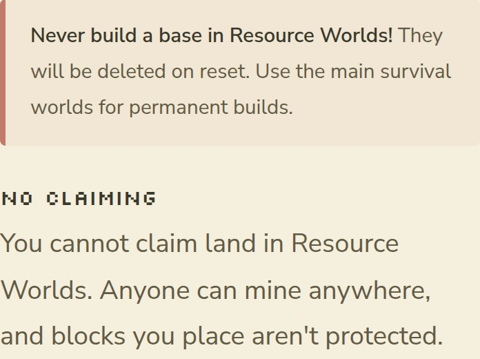Oakheart wiki warning that resource-world bases are deleted on reset and land cannot be claimed there.